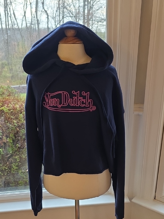 Von Dutch Tops - Von Dutch Cropped Navy Hoodie with Pink Script Logo